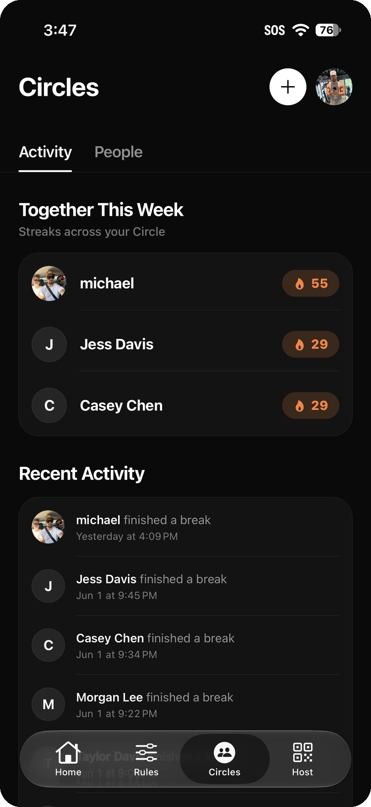 The Circles tab in BreakOff, showing shared streaks and recent activity
