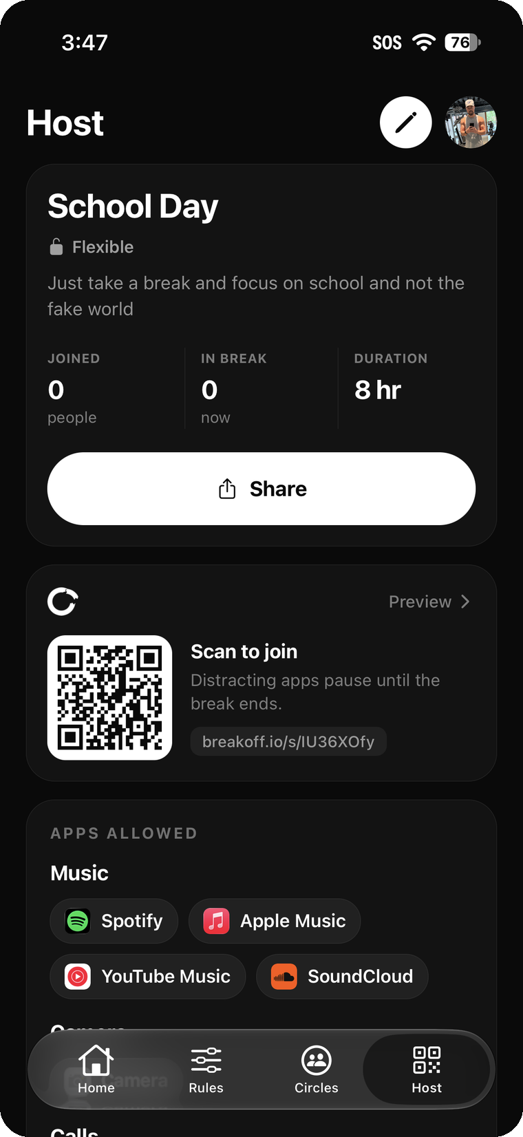 The Host tab in BreakOff, showing a shared break and its QR code